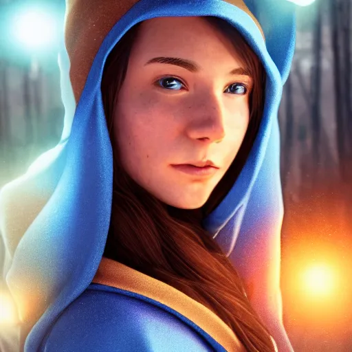 Image similar to portrait art of a female wizard with brown hair wearing a blue hood and blue robe holding a book, ultra realistic, lens flare, atmosphere, glow, detailed, intricate, full of colour, cinematic lighting, trending on artstation, 4 k, hyperrealistic, focused, extreme details, unreal engine 5, cinematic, masterpiece