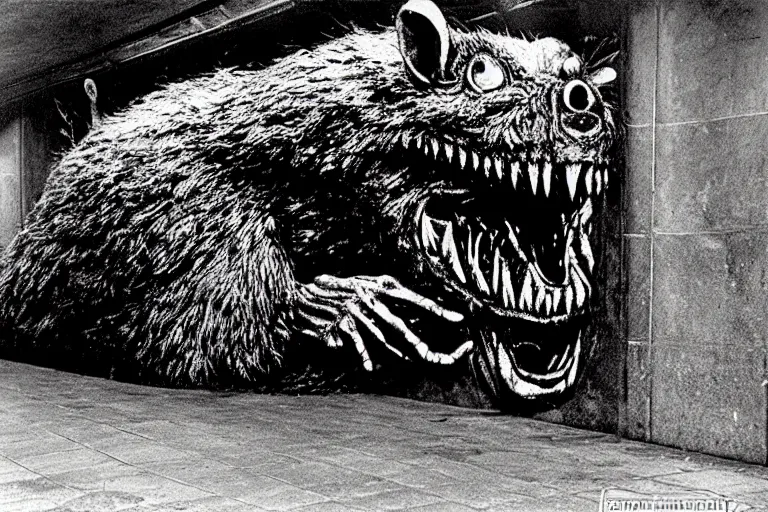 Image similar to very large giant mutant zombie irradiated ( angry rat ) staying on railways in tonnel of moscow subway. tonnel, railways, giant angry rat, furr, fangs, claws, very realistic. extreme long shot, 1 6 mm lens, herman nitsch and herman nitsch, giger.