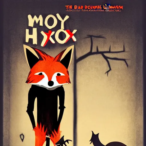 Image similar to movie poster for a horror movie featuring an anthropomorphic male fox dressed in casual clothing, dark and spooky Halloween theme