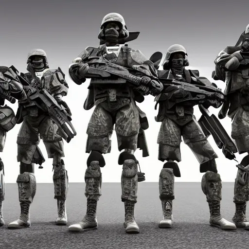 Prompt: a squad of futuristic soldiers in an armory