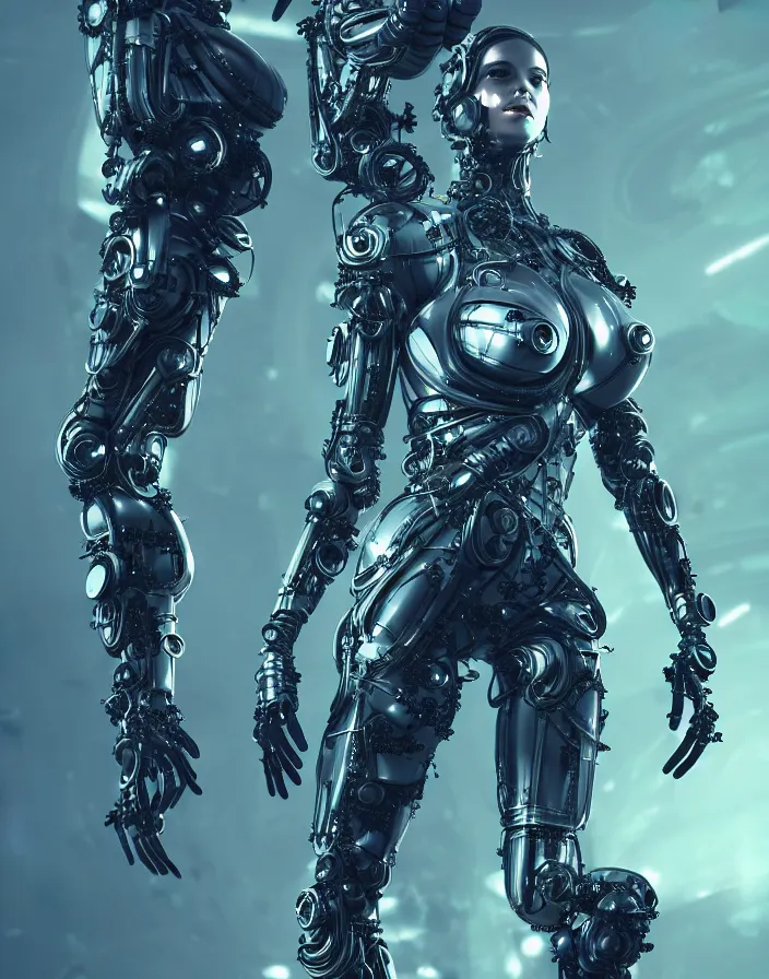 Image similar to full lenght shot, super hero pose, woman in biomechanical dress, inflateble shapes, wearing epic bionic cyborg implants, masterpiece, intricate, biopunk futuristic wardrobe, highly detailed, artstation, concept art, background galaxy, cyberpunk, octane render