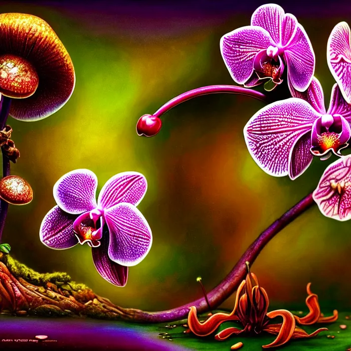 Prompt: extremely psychedelic macro orchid and cherry blossom and musroom, DoF, LSD, raindrops, specular highlights, diffuse lighting, fantasy, intricate, elegant, highly detailed, lifelike, photorealistic, digital painting, artstation, illustration, concept art, smooth, sharp focus, art by John Collier and Albert Aublet and Krenz Cushart and Artem Demura and Alphonse Mucha