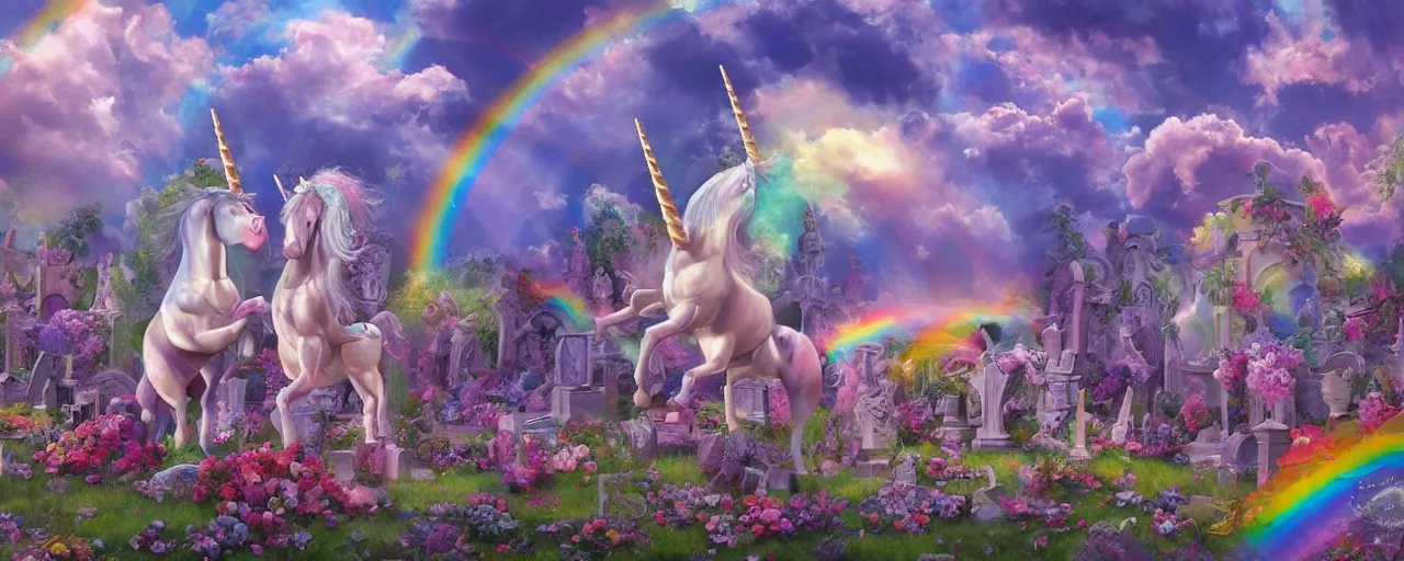 Image similar to a beautiful detailed mate painting of unicorns dancing under a rainbow on a graveyard'in the style of disney, existential horror, trending on cgsociety artstation, highly detailed, 8 k, masterpiece, super resolution.