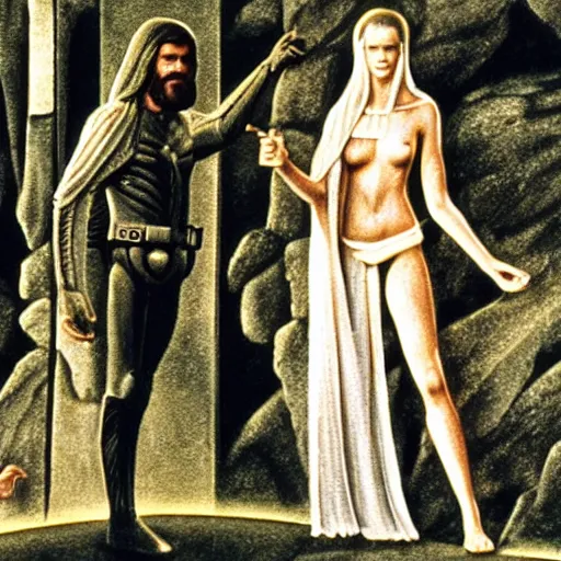 Prompt: a film still of adam and eve ( from the bible ) in star wars 1 9 7 7, realistic, photorealistic