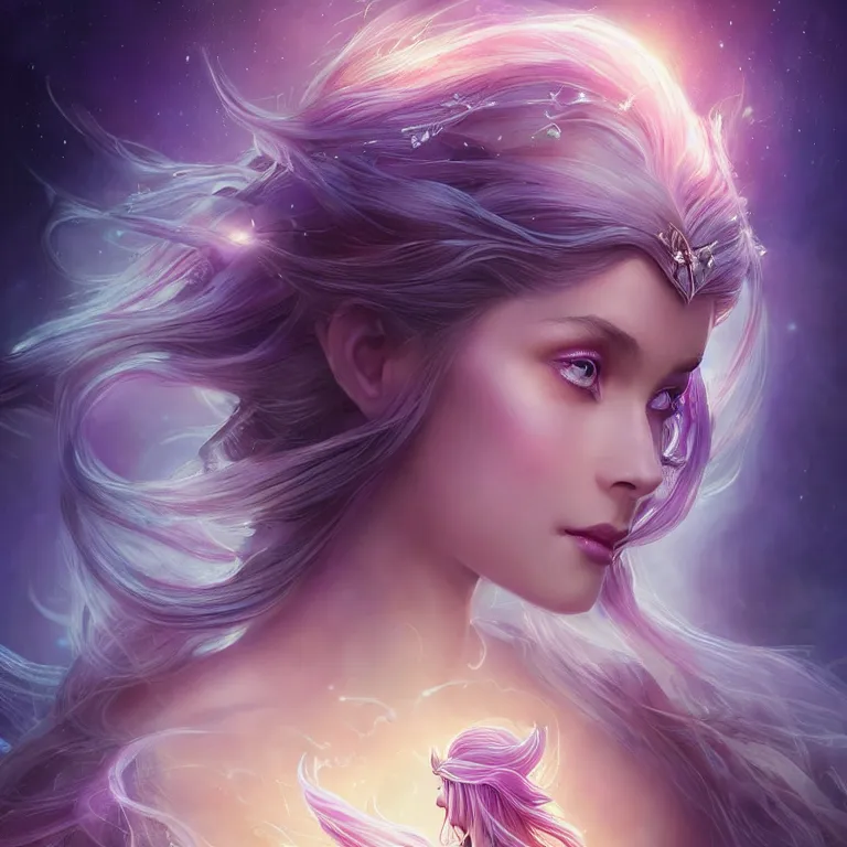 Image similar to beautiful cinematic fantasy poster, a beautiful princess like a disney princess hybrid with flowing illuminated hair, beautiful glowing galaxy eyes, wideshot ultrawide angle epic scale, hybrid from The Elden Ring and art direction by Darius Zawadzki ;by artgerm; wayne reynolds art station; cinematic quality character render; low angle; ultra high quality model; production quality cinema model;