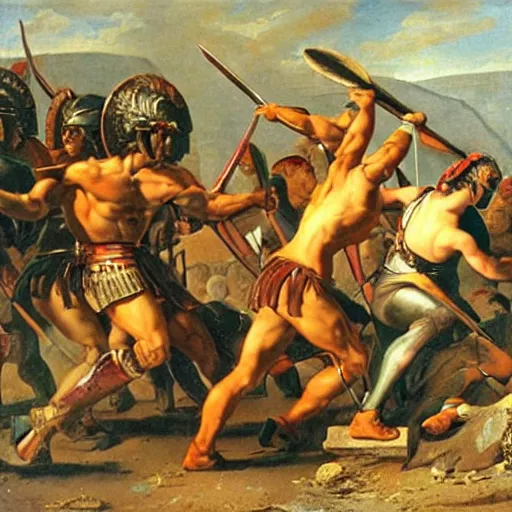 Image similar to muscular warrior women, spartan warrior women, women fighting men, muscular men, roman warrior men, clashing in bloody field, art by jacques - louis david