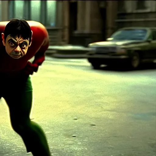 Image similar to mr. bean as hulk in the avengers movie. movie still. cinematic lighting.