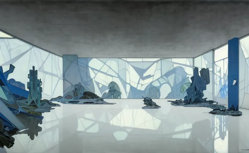 Image similar to painting of a wide angle interior shot of a white concerete brutalist museum with modern contemporary art on the wall with glossy floor by darek zabrocki and greg ruthkowski, alphonse mucha, simon stalenhag and cinematic and blue cold atmospheric, archillect concept art, artstation, trending on artstation