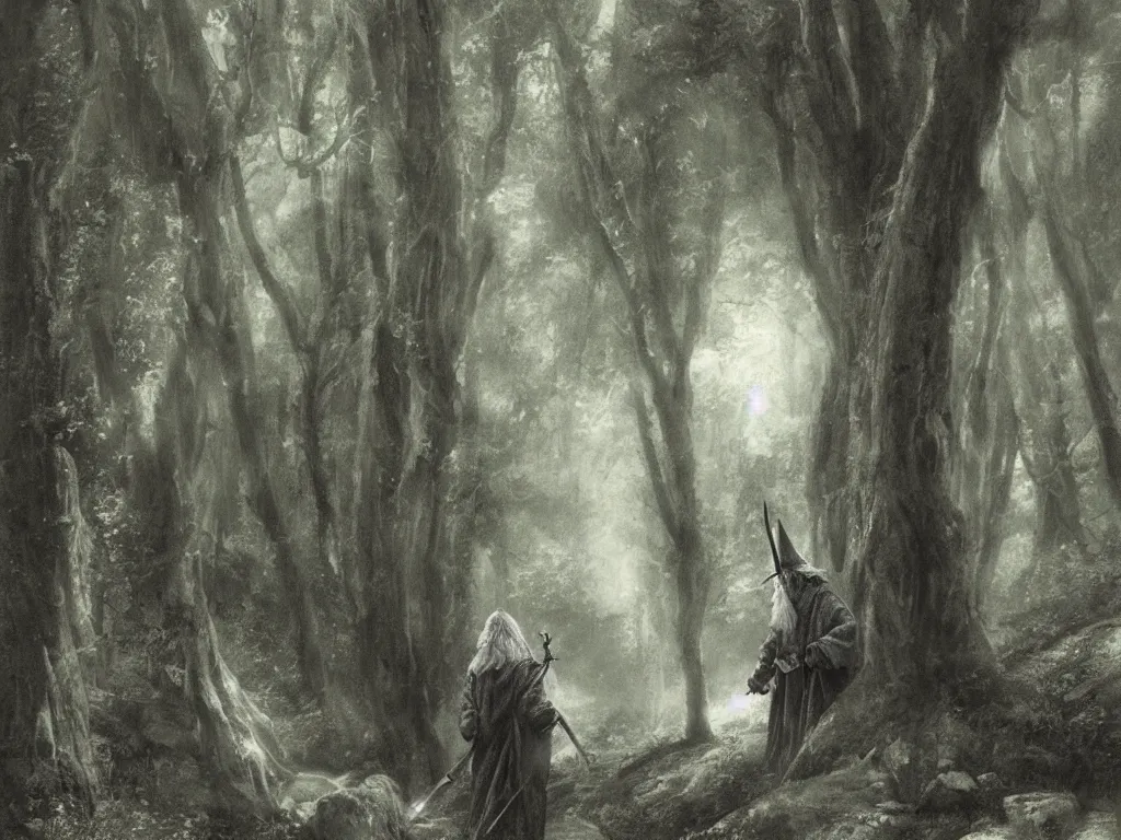 Prompt: Gandalf the Grey travelling in the forest, neo-romanticism