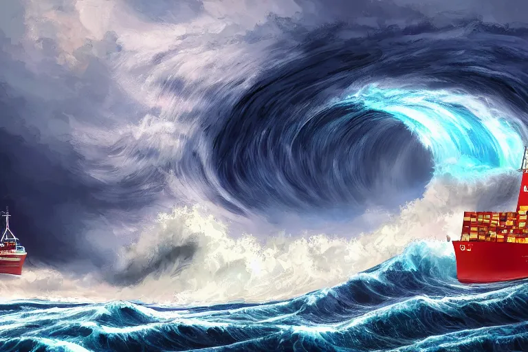 Prompt: a giant tsunami wave with cat size ship, digital painting, epic composition, highly detailed, 8 k