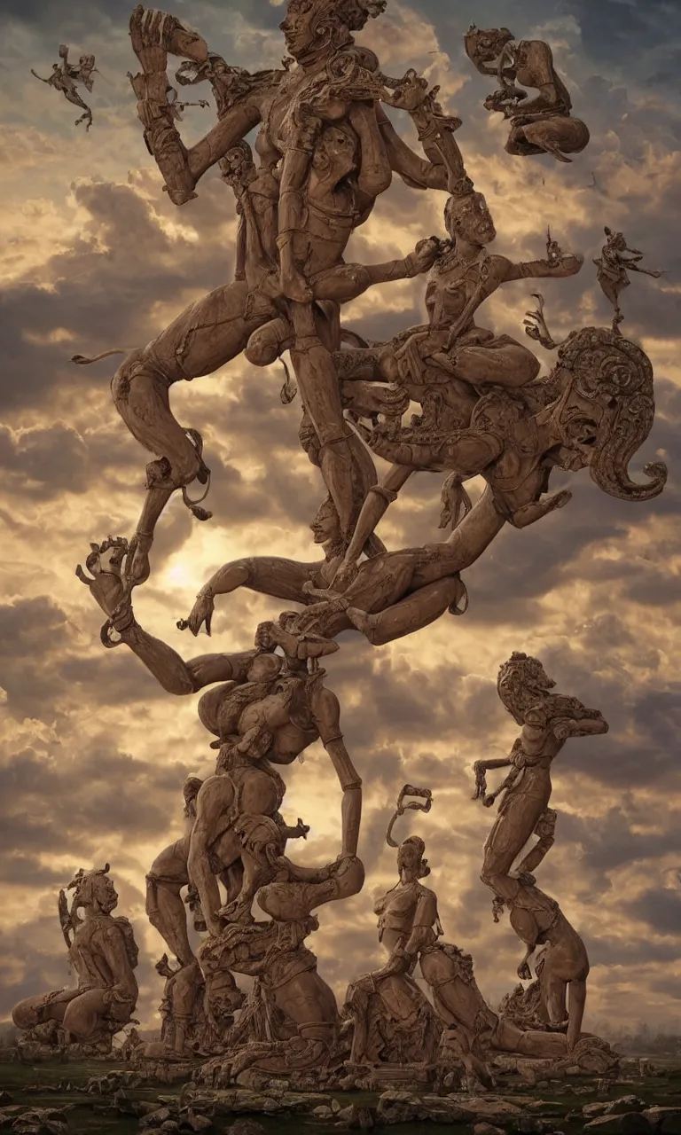 Prompt: massive mess of Kajuraho sculptures become real beautiful human realistic bodies practising kamasutra in the clouds, celestial light, photo real, by Simon Stålenhag, by Stanley Artgerm Lau, Greg Rutkowski, Thomas Kinkade ,Alphonse Mucha, Loish, Norman Rockwell ,trending on artstation , rule of thirds, Highly detailed, anatomically correct, dramatic lighting,