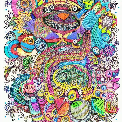Prompt: colorful doodle art, intricate, very detailed, random character doodles, random characters, kerby rosanes, colored pen on white background