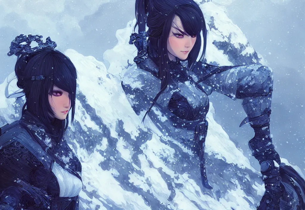 Image similar to portrait ninja gaiden girl, black and blue ninja wardrobe, at snowy fuji mountain sunrise, ssci - fi and fantasy, intricate and very very beautiful, detailed, digital painting, artstation, concept art, smooth and sharp focus, illustration, art by tian zi and wlop and alphonse mucha