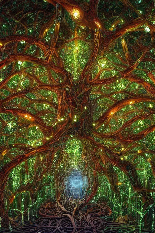 Image similar to extremely detailed complex intricate hyperdetailed tapestry of cybernetic biomech sacred fig tree roots in an industrial overgrown lush maze of webbed LED lights, by Clyde Caldwell, beautiful colors 8k hyperdetailed matte painting, raytracing, artstation, magic hour