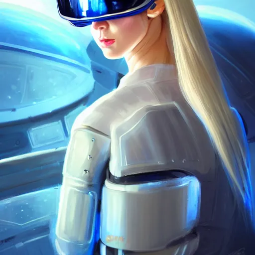 Image similar to portrait futuristic beautiful northern europe Airforce armored pilot Girl, blonde hair, blue eyes, at inside of future fighter aircraft, ssci-fi, fantasy, intricate, very very beautiful, elegant, human anatomy, neon light, highly detailed, digital painting, artstation, concept art, soft light, smooth, sharp focus, illustration, art by tian zi and WLOP and alphonse mucha