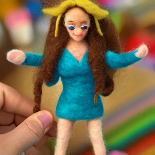 Image similar to needle felted alicia silverstone as cher from the movie clueless (1995), highly detailed, tilt shift, cozy, hyperrealism, highly textured, god rays, action pose