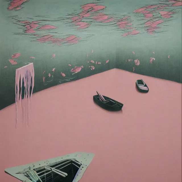 Prompt: painting of flood waters inside an apartment, pastel pink, tall female emo art student, a river flooding through a wall, tangelos, zen, pigs, ikebana, water, river, rapids, waterfall, black swans, canoe, pomegranate, berries dripping, acrylic on canvas, surrealist, by magritte and monet