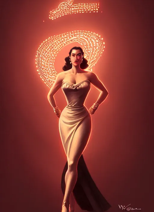 Image similar to portrait of 1 9 5 0 s darna, jennifer connelly, intricate, elegant, glowing lights, highly detailed, digital painting, artstation, glamor pose, concept art, smooth, sharp focus, illustration, art by wlop, mars ravelo and greg rutkowski