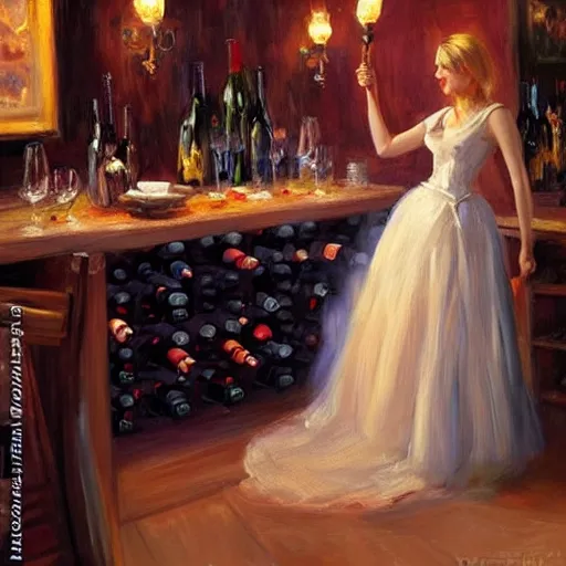 Image similar to pretty blonde beautiful woman in a wine cellar, elegant, red wine, meat, torches light the wall, impressionism, painting by Vladimir Volegov