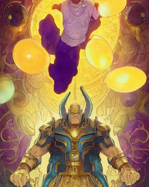 Image similar to thanos using the infinity stones to summon fried eggs, highly detailed, gold filigree, romantic storybook fantasy, soft cinematic lighting, award, disney concept art watercolor illustration by mandy jurgens and alphonse mucha and alena aenami, pastel color palette, featured on artstation