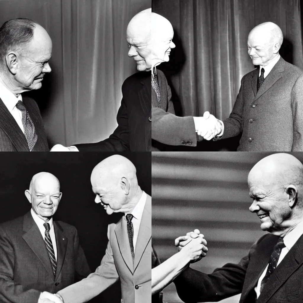 Prompt: president Eisenhower shaking hands with a gray alien