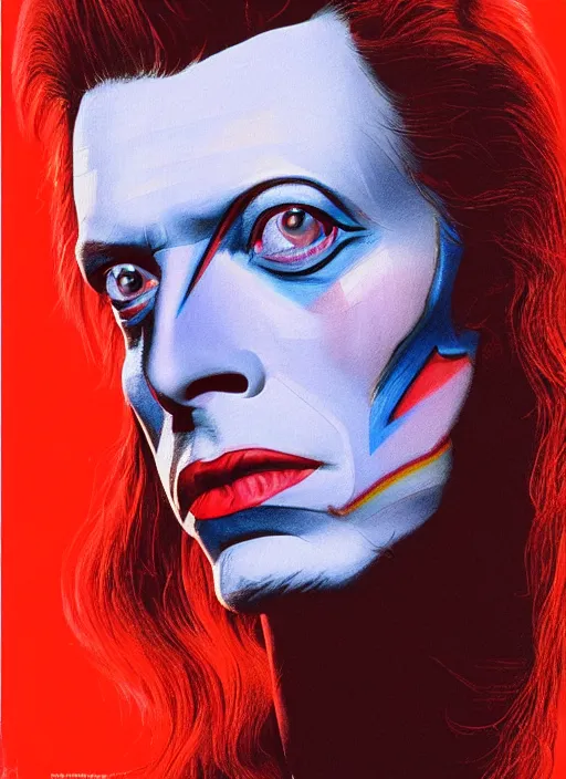 Prompt: portrait of David Bowie from Suspiria (1977), highly detailed, centered, solid color background, digital painting, artstation, concept art, smooth, sharp focus, illustration, Jason Edmiston, donato giancola, Joseph Christian Leyendecker, Les Edwards, Ed Repka, WLOP, Artgerm