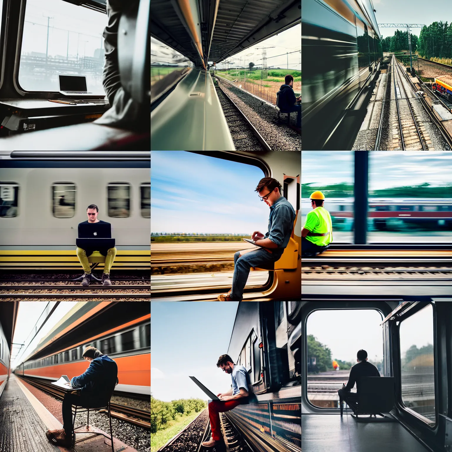 Prompt: a man sitting on top of a moving train working on his laptop, high shutter speed action photo