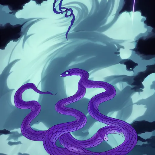 Image similar to snakes of purple lightning striking at the darkness, anime,