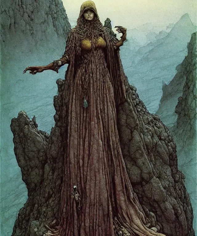 Prompt: A detailed semifish-semiwoman stands among the mountains with a pebble in hand. Wearing a ripped mantle, robe. Extremely high details, realistic, fantasy art, solo, masterpiece, art by Zdzisław Beksiński, Arthur Rackham, Dariusz Zawadzki
