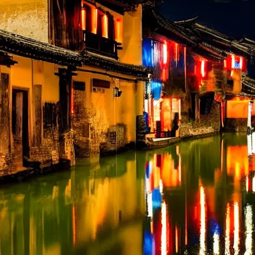 Image similar to beautiful and peaceful ancient water town in the south of china, zhouzhuang ancient town, movie style, warm color to move, boats, evening lanterns, the glow of the sunset on the water, high detailed, 4 k