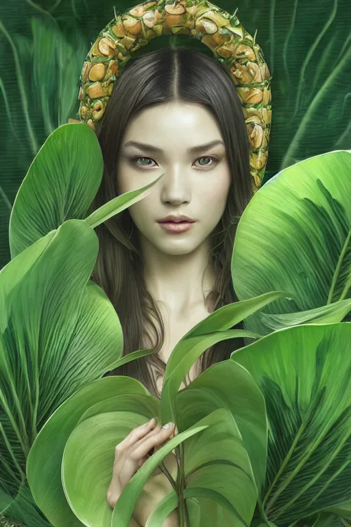 Image similar to ultra realistic illustration, cinema 4 d art, banana plants drawing, jade background, elegant, highly detailed, digital painting, concept art, intricate, swirl, smooth, sharp focus, illustration, art by artgerm and greg rutkowski and alphonse mucha