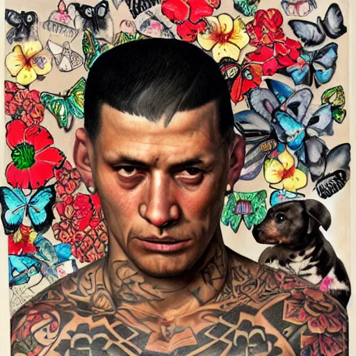 Prompt: A Frontal portrait of a heavily tattooed MS-13 gang member as a prisoner awaiting sentencing with tattoos of flowers and butterflies and puppies and Hello Kitty and Rainbow Bright. A painting by Norman Rockwell.