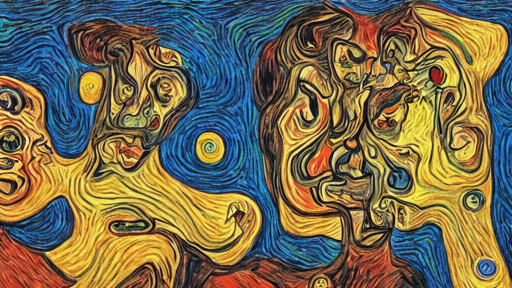 Image similar to psycho-n-autistic totem worshipping, 4K, Symbolism, colorized, by collaboration of Salvador Dali, Van Gogh and M. C. Escher