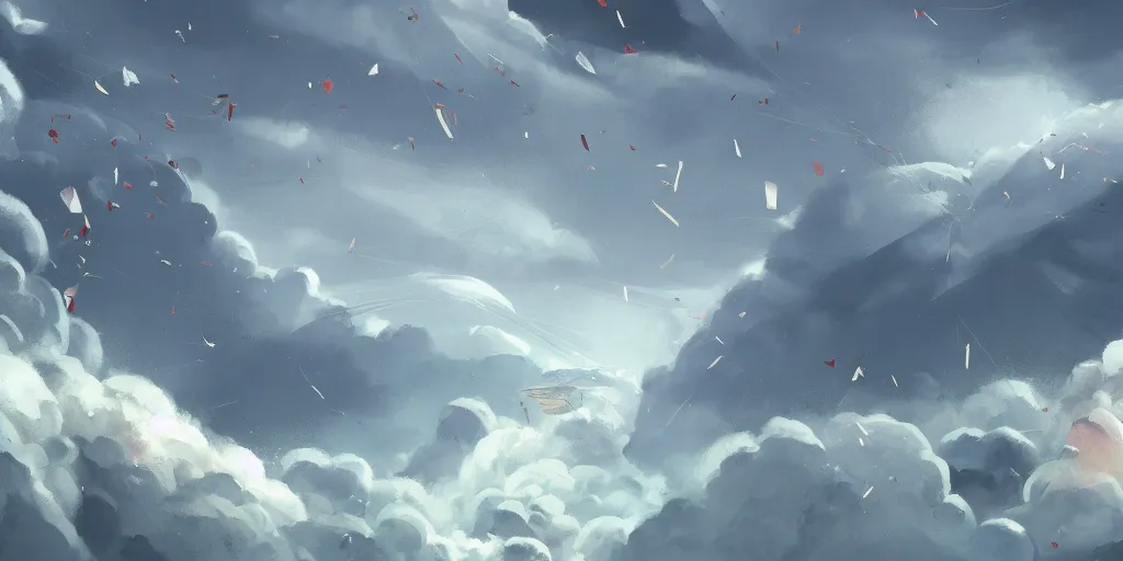 Image similar to background art of flying longswords flowing through the slicing through directional wind on a simple cloudy sky background featuring an enormous tsunami, big puffy clouds, sharp rain, large rose petals, lotus petals, large polygonal background elements, large polygons, studio ghibli anime, dramatic lighting, artgerm, manga, trending on artstation, art nouveau, mature colors