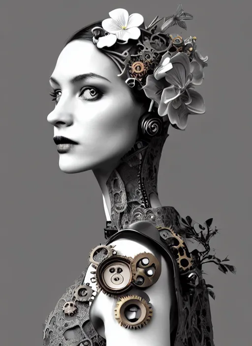 Image similar to monochrome 3 d model, steampunk biomechanical beautiful young female cyborg with porcelain profile face and a big floral eye, volumetric light, leaves foliage and stems, hibiscus flowers, boho floral vines, sinuous fine roots, fine foliage lace, alexander mcqueen, rim light, big gothic fashion pearl embroidered collar, octane render, 8 k