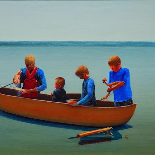 Image similar to A dad with his 3 sons in a boat, the dad is fishing, underwater there is a fish with his 3 sons, oil on canevas