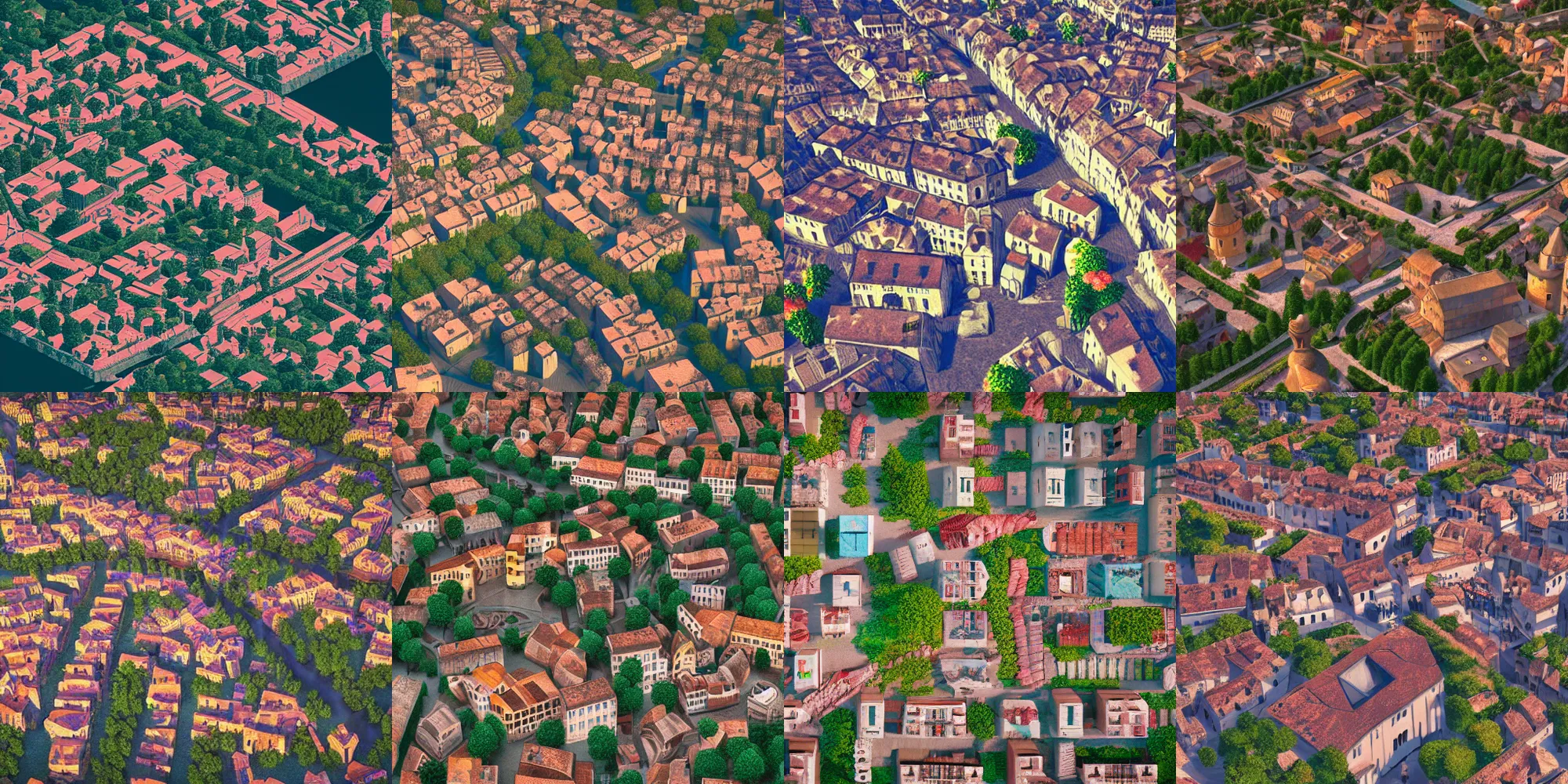 Prompt: birds eye overhead perspective, 1800s french town near a river, vivid colours, hexagonal tiles with figurine style buildings and people, atmospheric lighting, daylight, octane render, unreal engine