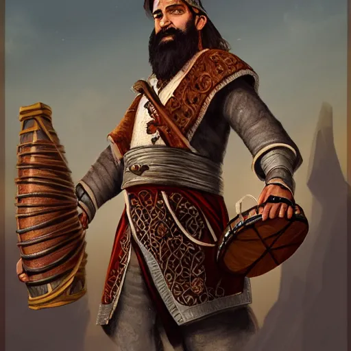 Prompt: Male Hashka (from D&D) bearded bard holding a drum, ornately dressed, standing in populated Baldur\'s Gate city square, hyperdetailed, artstation, cgsociety, 8k