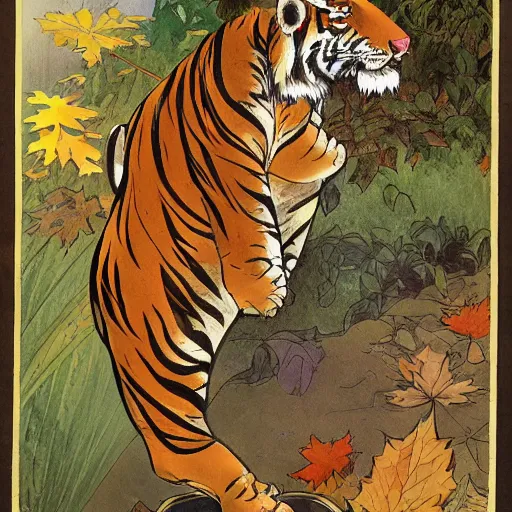 Image similar to a highly detailed cartoon tiger is flapping a leaf fan, sweating, autumn leaves on the ground, concise lines, ultradetailed environment, sharp focus, cinematic lighting, by alphonse maria mucha and kim jung gi