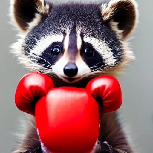 Image similar to cute kawaii raccoon wearing red boxing gloves, radiant light