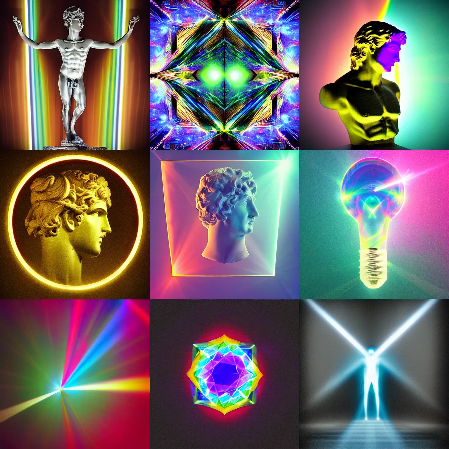 Prompt: “Light prism in the shape of Greek God Apollo, refraction, beam shining through, 4k photo”