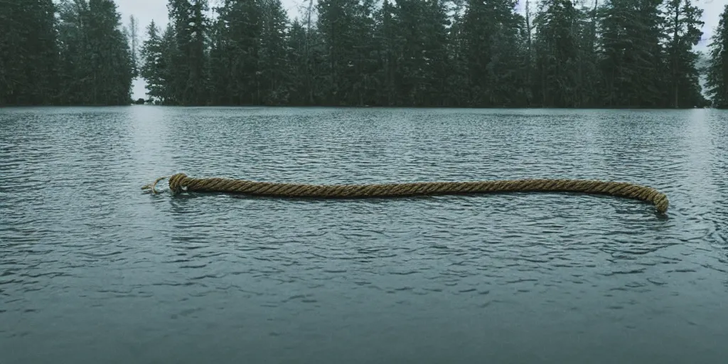 Prompt: symmetrical photograph of an infinitely long rope submerged on the surface of the water, the rope is snaking from the foreground towards the center of the lake, a dark lake on a cloudy day, trees in the background, dreamy kodak color stock, anamorphic lens