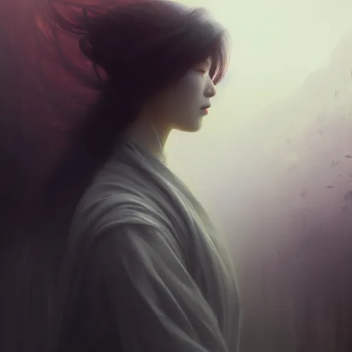 Image similar to dreamscape, digital painting of a sad mourning woman, epic composition, dark background, very detailed, 8 k, in the style of fenghua zhong and ruan jia and jeremy lipking and peter mohrbacher, mystical colors, rim light, beautiful lighting, 8 k, stunning scene, raytracing, octane, trending on artstation