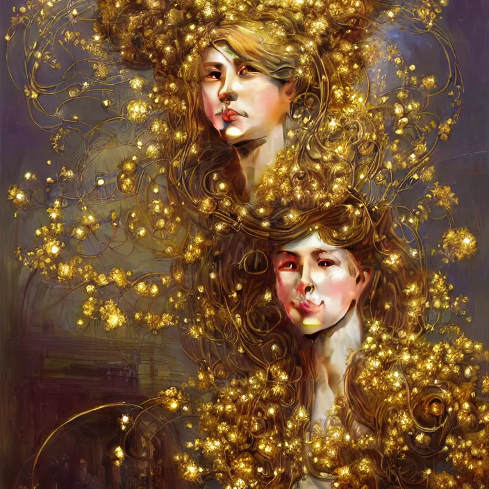 Image similar to hyperrealist portrait of a 2 0 4 4 space sport engineer, it is decorated with long gold wires and gold flowers that fall like vines and wears a huge computer crown. by jeremy mann and alphonse mucha, fantasy art, photo realistic, dynamic lighting, artstation, poster, volumetric lighting, dramatic light, very detailed faces, 8 k, award winning