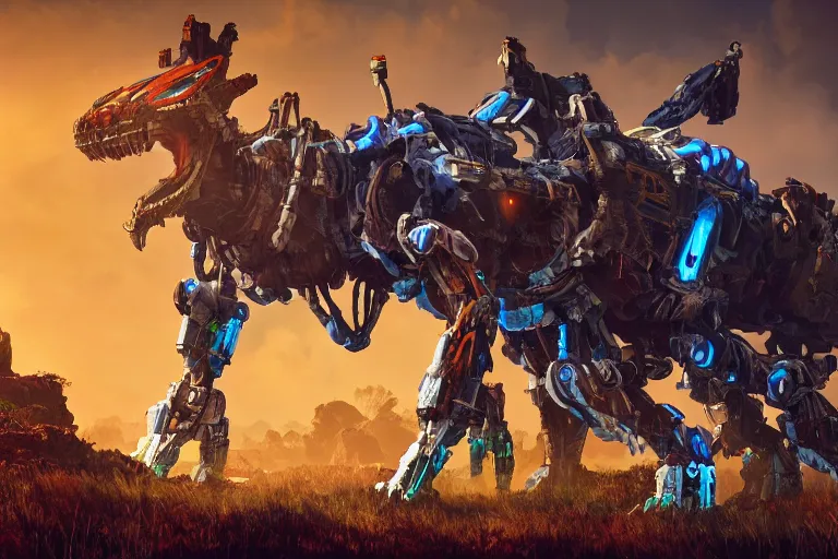 Image similar to thunderjaw machine mecha animal beast robot of horizon forbidden west horizon zero dawn bioluminiscence global illumination ray tracing hdr fanart arstation by sung choi and eric pfeiffer and gabriel garza and casper konefal