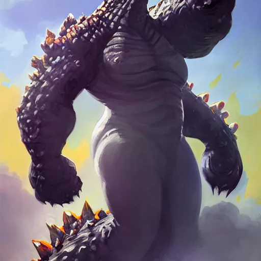 Image similar to greg manchess portrait painting of godzilla as overwatch character, totally whack, medium shot, asymmetrical, profile picture, organic painting, sunny day, matte painting, bold shapes, hard edges, street art, trending on artstation, by huang guangjian and gil elvgren and sachin teng