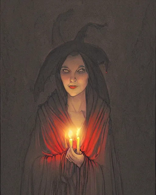 Prompt: a mystical witch in a black shawl, surrounded by lit red candles floating in the air, in an underground dungeon. by abigail larson