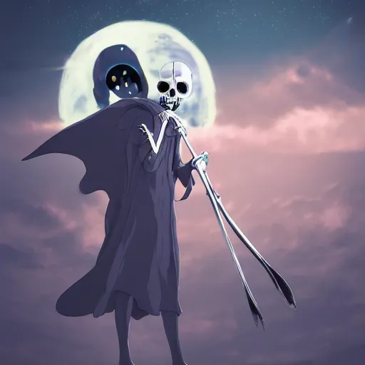 Image similar to 3 d studio ghibli style grim reaper, in beautiful night sky background, anatomical skeleton, in black hood, silver scythe, concept art, beautiful, anime style, octane render, cycles, high definition, night lighting