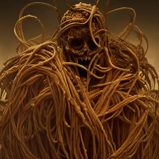 Prompt: a strange eerie scary shadowy figure made of spaghetti, surrounded by demons, mysterious, horror, concept art, detailed, award - winning, cinematic, octane render, 8 k, photorealistic, by emil melmoth, by wayne barlowe