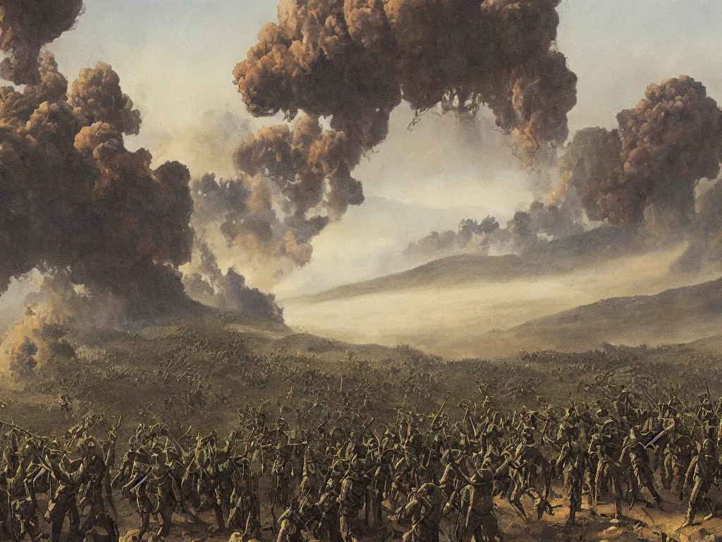 Prompt: Two armies amid the smoke. Comet afar. Cypresses. Painting by Ucello